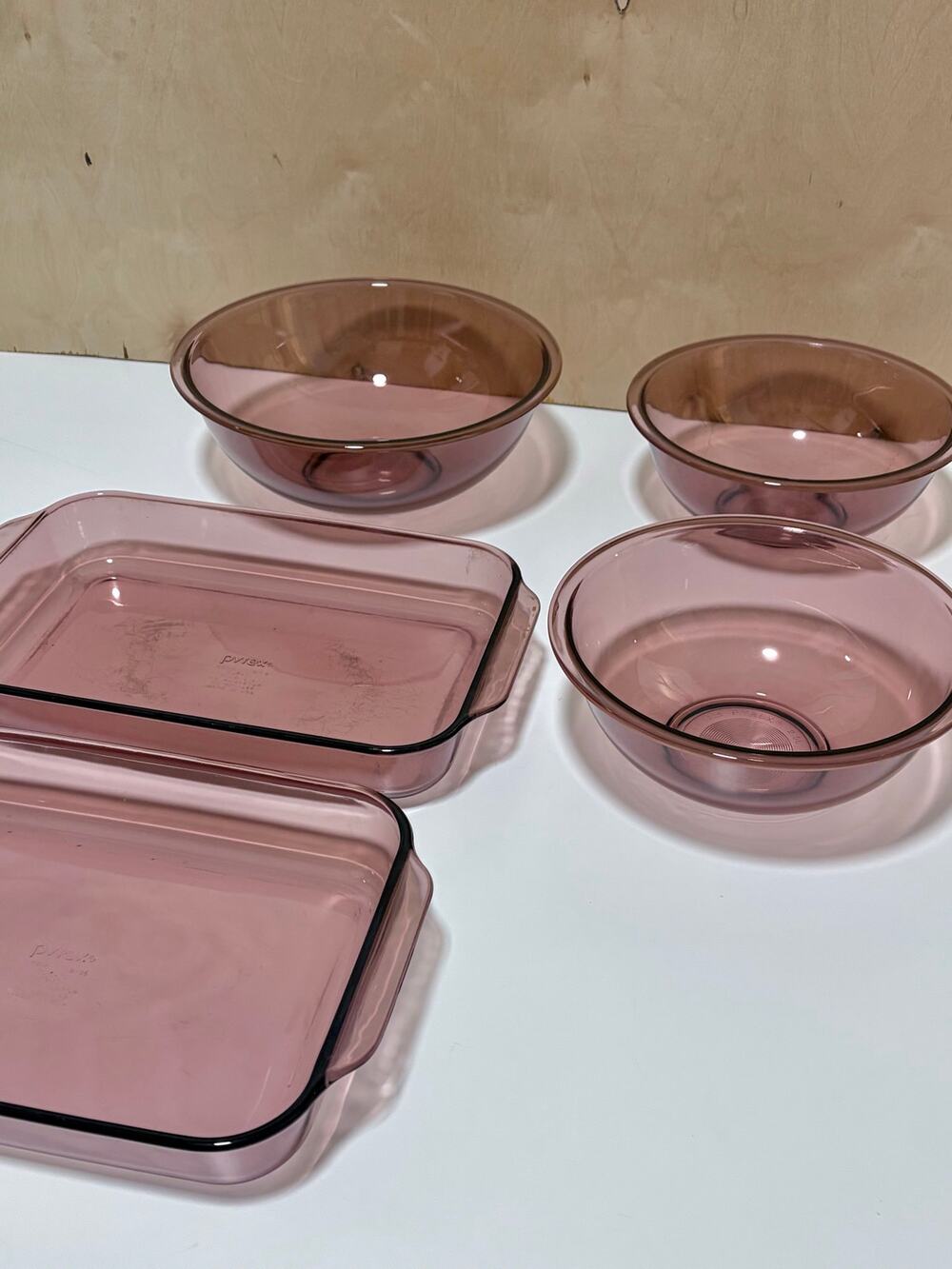 Vintage Pyrex Cranberry Pink Glass Bakeware & Mixing Bowls 5 Pc Set USA